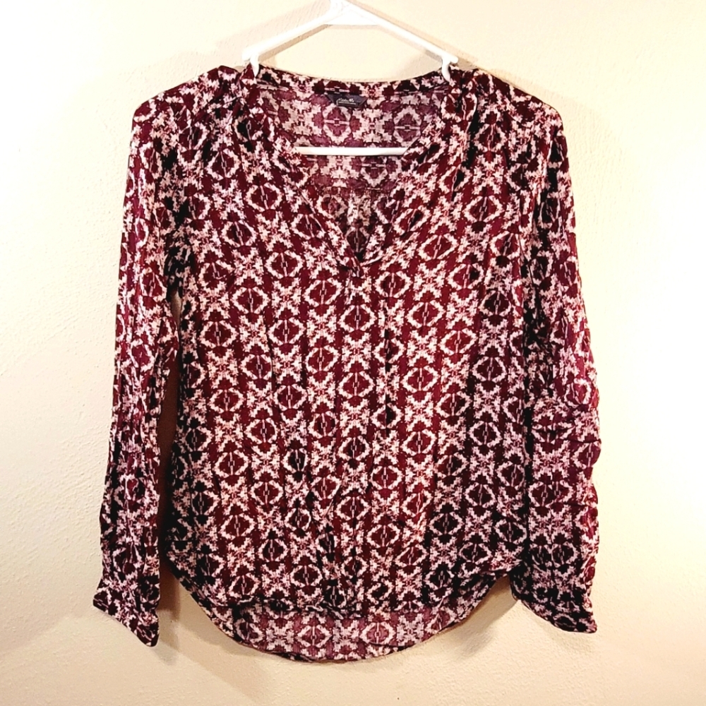 Womens Eddie Bauer Red Geometric V-Neck Long Sleeve Tunic Top Size XS